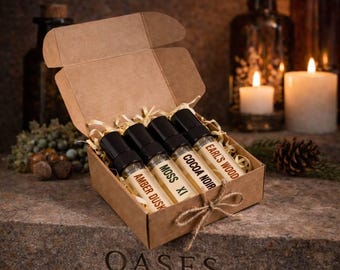 Set de muestras de perfumes artesanales: Amber Dusk, Moss XI, Cocoa Noir, Earl's Wood