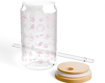 Vaso de cristal Pink Beach Icons / Vaso con pajita de 473 ml con tapa de bambú y pajita de cristal / Bonito vaso para bebidas de verano / Vaso de playa Coquette / Regalo para chicas