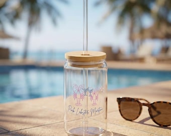 Copa de Martini de Langosta Rosa / Lata de vidrio de 473 ml con tapa de bambú y pajita / Vasos con diseño costero / Taza veraniega femenina / Regalo para amantes de la playa