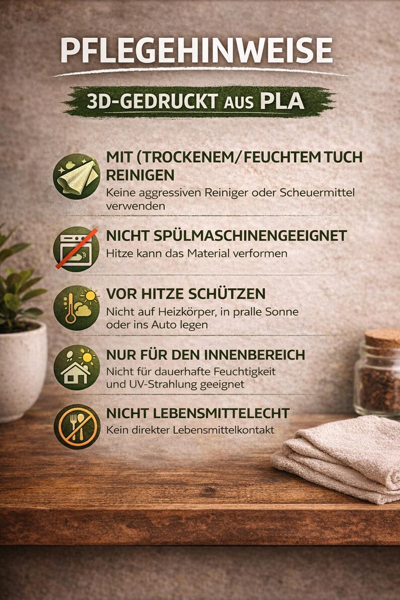 May include: A wooden shelf displays care instructions in German for a 3D-printed PLA product. The text advises cleaning with a dry or damp cloth, avoiding dishwashers, heat, and direct sunlight. It is for indoor use only and not suitable for food contact.