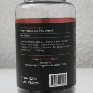 May include: A clear plastic bottle with a black lid, filled with dark softgels. The label includes text in Spanish, listing ingredients and the website www.vitofarma.us. The bottle is labeled "Made in USA".