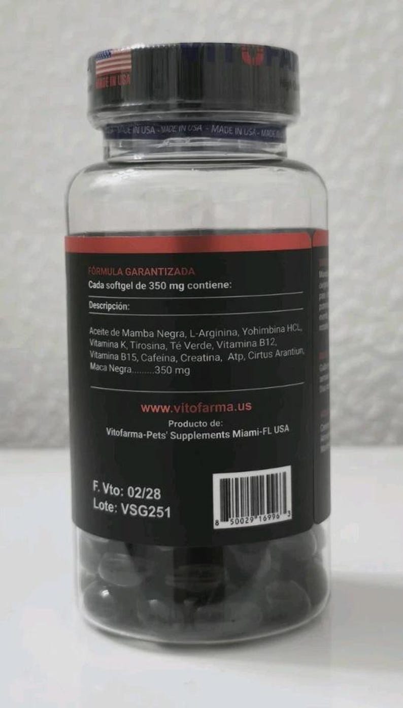 May include: A clear plastic bottle with a black lid, filled with dark softgels. The label includes text in Spanish, listing ingredients and the website www.vitofarma.us. The bottle is labeled "Made in USA".
