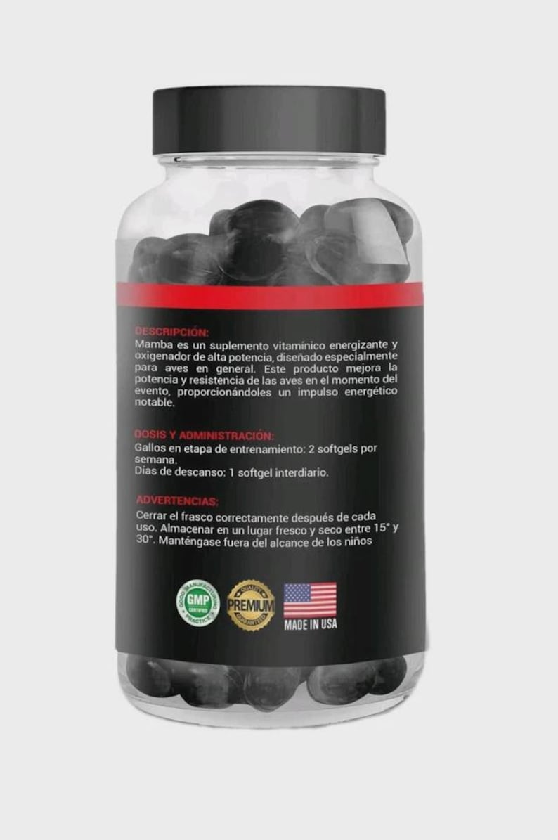 May include: A clear plastic bottle with a black cap and label, filled with dark softgels. The label includes text in Spanish, the GMP and Premium logos, and a "Made in USA" label.