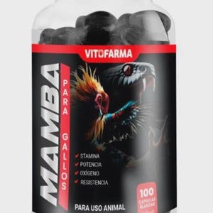 May include: A clear plastic bottle with a black lid, filled with black capsules. The label features the text "MAMBA PARA GALLOS" and an illustration of a rooster and a snake. The label also includes the text "PARA USO ANIMAL" and "100 CAPSULAS BLANDAS".