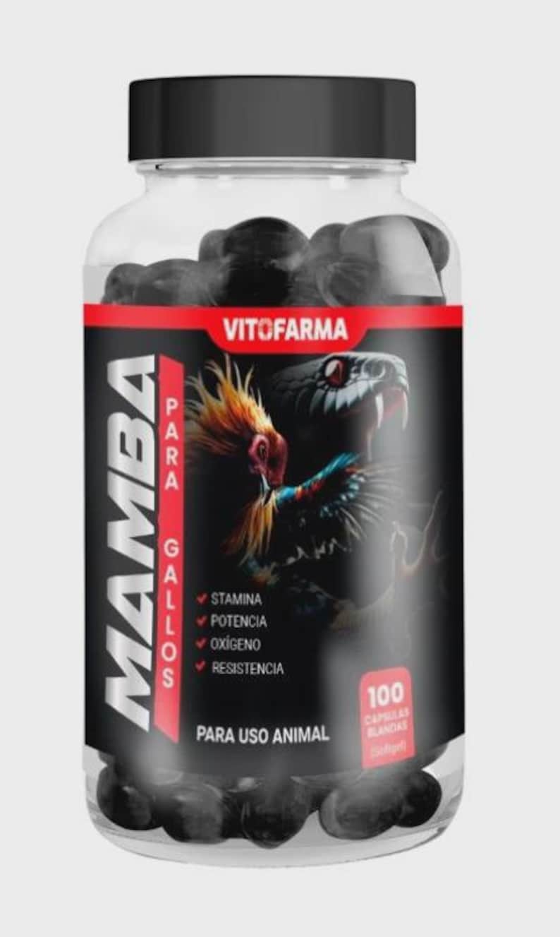 May include: A clear plastic bottle with a black lid, filled with black capsules. The label features the text "MAMBA PARA GALLOS" and an illustration of a rooster and a snake. The label also includes the text "PARA USO ANIMAL" and "100 CAPSULAS BLANDAS".