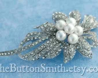 Rhinestone & Pearl Brooch Component /Embellishment(8.4cm x 4.5cm) BR-019 - 1 piece