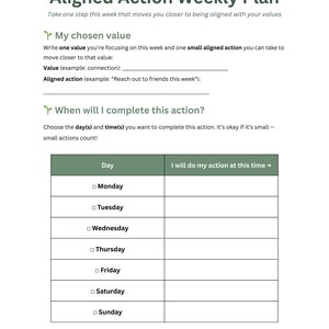 Könnte beinhalten: Ein druckbarer Wochenplaner mit dem Titel "Aligned Action Weekly Plan". Er enthält Abschnitte für Werte und Aktionen sowie eine Tabelle zur Planung täglicher Aktionen. Der Text ist grün und schwarz auf weißem Hintergrund.