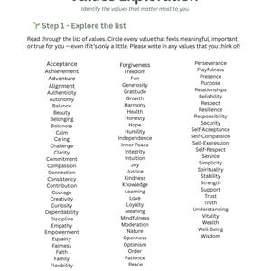 Arkusz do eksploracji wartości | Terapia do druku w celu identyfikacji podstawowych wartości | Narzędzie do zdrowia psychicznego i autorefleksji