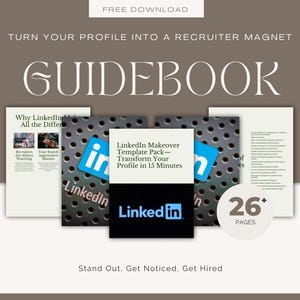 Op de afbeelding: Een promotieafbeelding voor een LinkedIn-profielgids. Het woord "GUIDEBOOK" staat prominent afgebeeld. De afbeelding bevat een boekje met het LinkedIn-logo, de tekst "LinkedIn Makeover Template Pack - Transformeer uw profiel in 15 minuten" en de tekst "26+ PAGES".