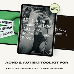 Op de afbeelding: Een digitale tablet toont de tekst "ADHD & Autism Toolkit for Late-Diagnosed Adults and Parents." De afbeelding toont een grijswaardenfoto van een persoon met de handen op het gezicht. Extra tablets tonen "Inhoudsopgave" en labels met tekst.