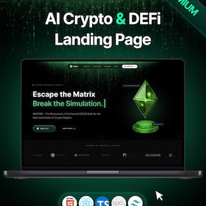 Może przedstawiać: Laptop wyświetla stronę docelową AI Crypto & DeFi. Witryna zawiera tekst "Escape the Matrix, Break the Simulation". Laptop znajduje się na ciemnozielonym tle ze słowem "PREMIUM" w prawym górnym rogu.