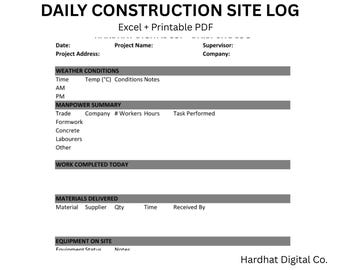 Mall för daglig byggarbetsplatslogg | Excel och utskrivbar PDF | Rapport för entreprenörsförman | Logg för arbetskraft och vädermaterial