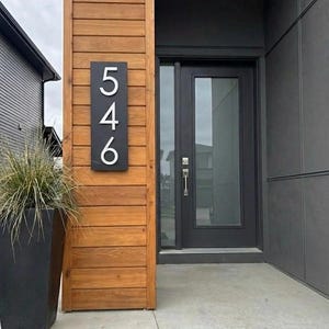 May include: Exterior of a modern house featuring a black door and a wooden accent. The address number "546" is displayed on a black sign. A large black planter with ornamental grass is on the left. The door is framed by dark grey panels.