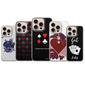 May include: Five phone cases with playing card designs. The cases feature suits like spades, hearts, diamonds, and clubs. One case has the text "It's just a trick, not a lie." Another says "Get Lucky."
