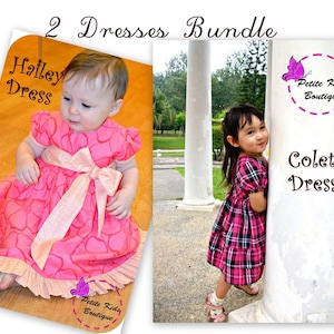 May include: Two girls wearing pink dresses. The girl on the left is wearing a pink dress with a pink bow and a heart pattern. The girl on the right is wearing a pink and black plaid dress. The text "2 Dresses Bundle" is at the top of the image. The text "Hailey Dress" is on the left and the text "Colette Dress" is on the right. The text "Petite Kids Boutique" is in a circle on both sides of the image.