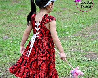 Megan Dress for Girls 12M - 8Y PDF Pattern & Instructions - jupe virevoltante - corsage à lacets dans le dos - corsage entièrement doublé