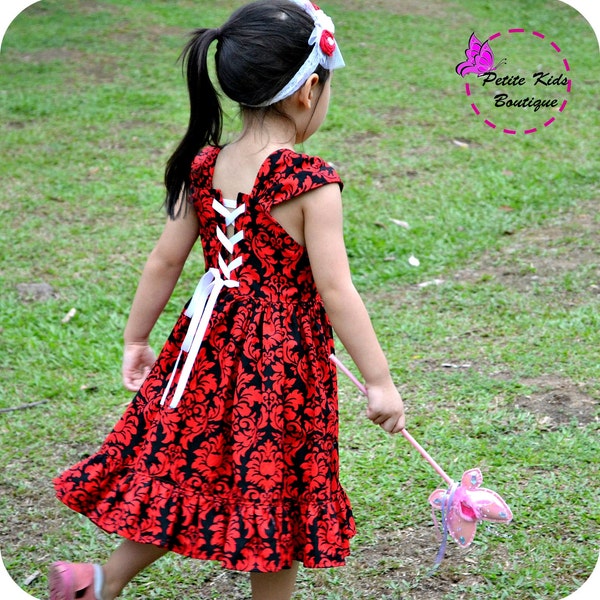 Megan Dress for Girls 12M - 8Y PDF Pattern & Instructions- twirly skirt-lace up back bodice- fully lined bodice