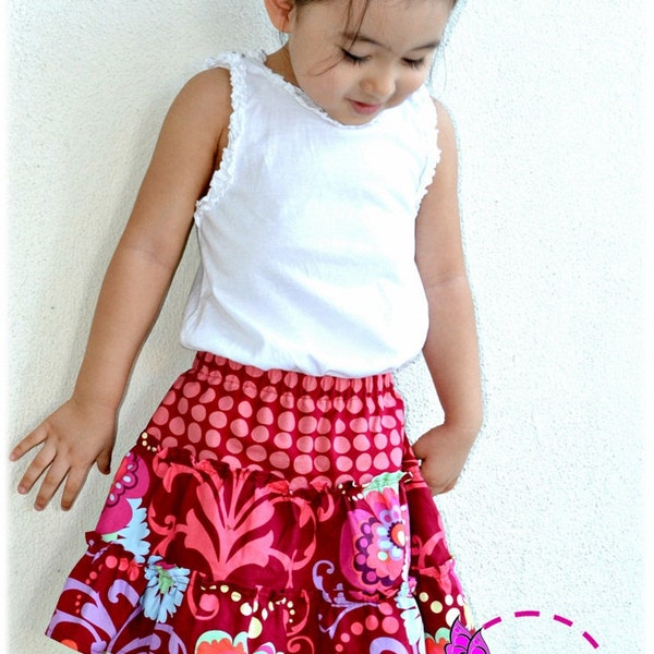 Lucy Skirt for Girls 2Y-10Y PDF Pattern and Instruction-Safety shorts attached- Exposed seams- Tiered twirly skirt-great for summer