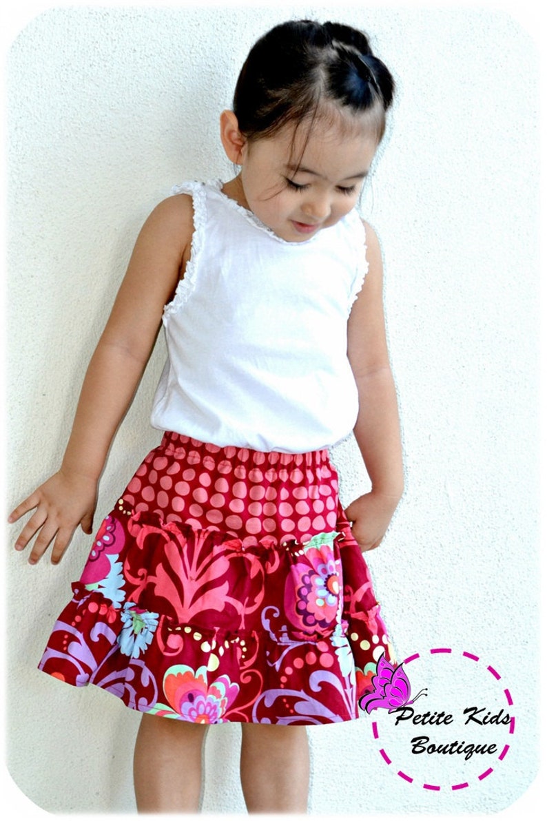 Lucy Skirt for Girls 2Y-10Y PDF Pattern and Instruction-Safety shorts attached Exposed seams Tiered twirly skirt-great for summer image 2