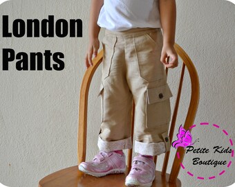 Pantalon London pour garçons et filles 12M-8Y PDF Patron et instructions-Style cargo-Ourlet retroussé-Front plat avec taille élastique-grandes poches