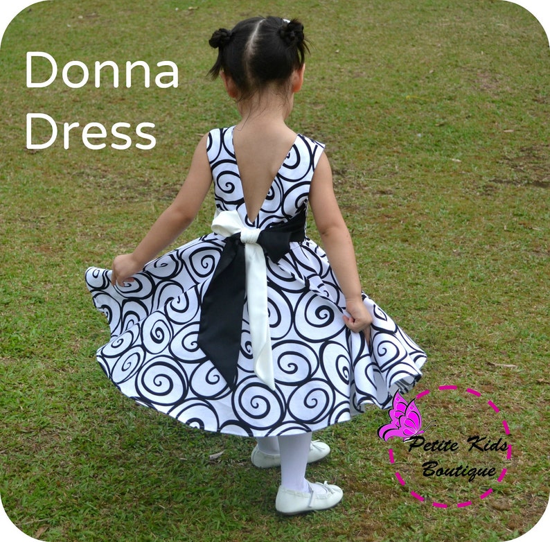 Donna Dress for Girls 12M-12Y PDF Pattern & Instruction-crisscross front-low back-circle skirt-big bow image 1