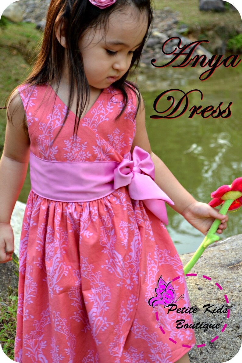 Anya Dress for Girls 12M-8Y PDF Pattern & Instruction wrap style sleeves option multi length or sleevelesswide front sash image 1