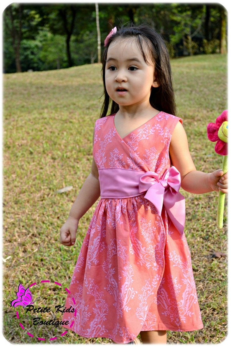 Anya Dress for Girls 12M-8Y PDF Pattern & Instruction wrap style sleeves option multi length or sleevelesswide front sash image 3