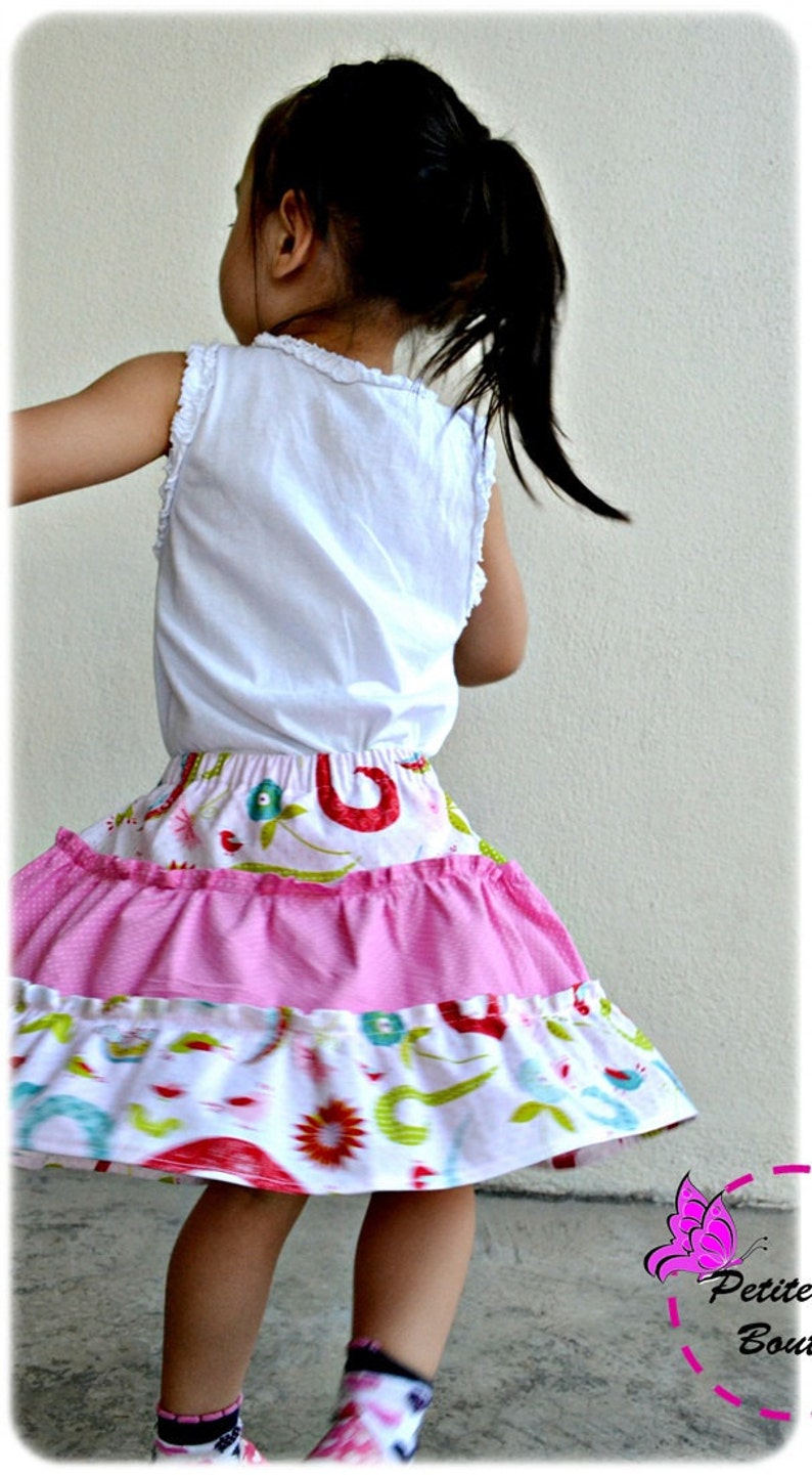 Lucy Skirt for Girls 2Y-10Y PDF Pattern and Instruction-Safety shorts attached Exposed seams Tiered twirly skirt-great for summer image 5