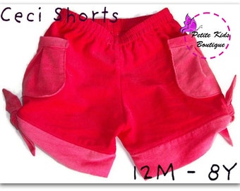 Ceci Shorts for Girls 12M - 8Y - Tie hem - Pleated pockets - Elastic waist -  Easy Sew - PDF Pattern and Instruction