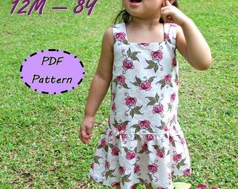 Macy Dress For Girl 12M-8Y - Easy Sew - PDF pattern & instructions -Square neckline - Drop waist - Snap fasteners/ Zipper Option