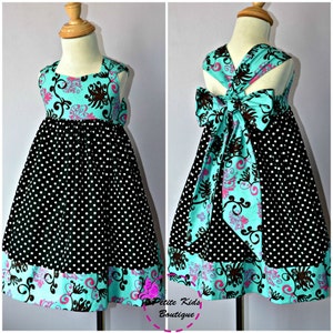 Ella Dress For Girls 12M-8Y PDF Pattern & Instructions - full skirt, elastic back, easy sew, contrasting hem, big bow, sweetheart bodice