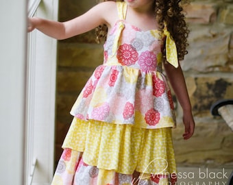 Eden Dress For Girls 12M-8Y PDF Pattern & Instructions-3 niveaux, jupe virevoltante, corsage en cœur doux, bretelles réglables, dos élastique