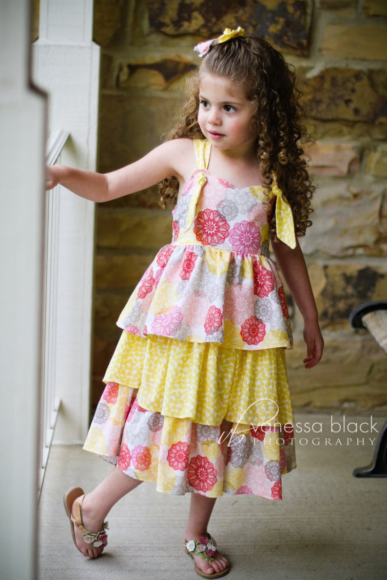 Eden Dress For Girls 12M-8Y PDF Pattern & Instructions-3 tiered, twirly skirt, sweet heart bodice, adjustable straps, elastic back image 1