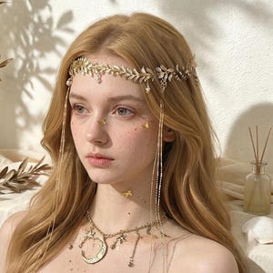 Leaf Headpiece Tiara, Olive Branch Hair Vine, Crystal Forehead Chain, Goddess Wedding Crown, Bridal Hair Accessory, Special Gift for Bestie