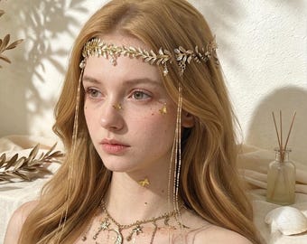 Diadème de cheveux en forme de feuille, guirlande de cheveux en forme de branche d'olivier, chaîne de front en cristal, couronne de mariée de déesse, accessoire de cheveux de mariée, cadeau spécial pour une amie