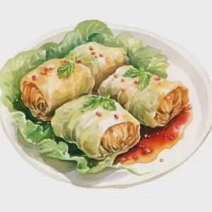 Puede incluir: Ilustración en acuarela de cuatro rollos de repollo rellenos sobre un plato blanco. Los rollos están envueltos en hojas de col verde claro y cubiertos con hojuelas de pimiento rojo y hierbas verdes frescas. El plato también contiene lechuga y una salsa roja.