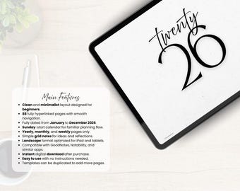 Cyfrowy planer GoodNotes na rok 2026, prosty dzienny, tygodniowy i miesięczny planer z hiperłączami dla początkujących, estetyczny dziennik na tablet iPad w formacie PDF