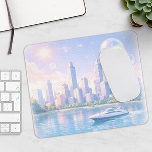 Aesthetic Mouse Pad - Pastel City Skyline Ocean Scene, Desk Setup & Gaming Mousepad