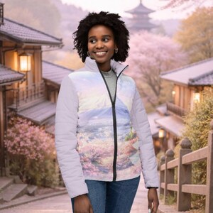 Puffer Jacket - Mount Fuji Sakura Aesthetic, Travel & Streetwear Jacket