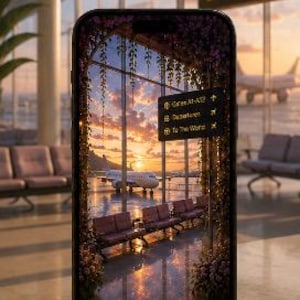 Könnte beinhalten: Ein Smartphone zeigt eine Flughafenszene mit Sonnenuntergang durch ein Fenster. Der Bildschirm des Telefons zeigt ein Flugzeug, Sitzgelegenheiten und ein Schild mit der Aufschrift "Gates A1-A12, Departures, To The World". Der Text "1. LEVEL: GATEWAY" befindet sich unten.