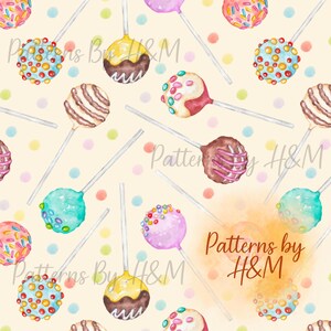 May include: A repeating pattern of watercolor-style cake pops on a light beige background. The cake pops are various colors, including pink, yellow, brown, and blue, and are decorated with sprinkles and chocolate. The image also includes colorful polka dots and the text "Patterns by H&M".