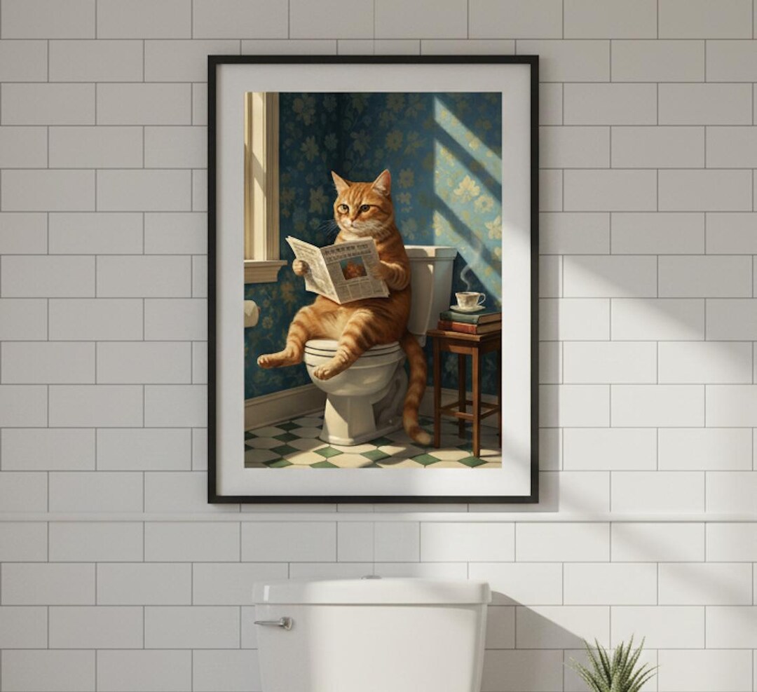 Funny Cat Reading Newspaper on Toilet Art, Orange Tabby Bathroom Print ...