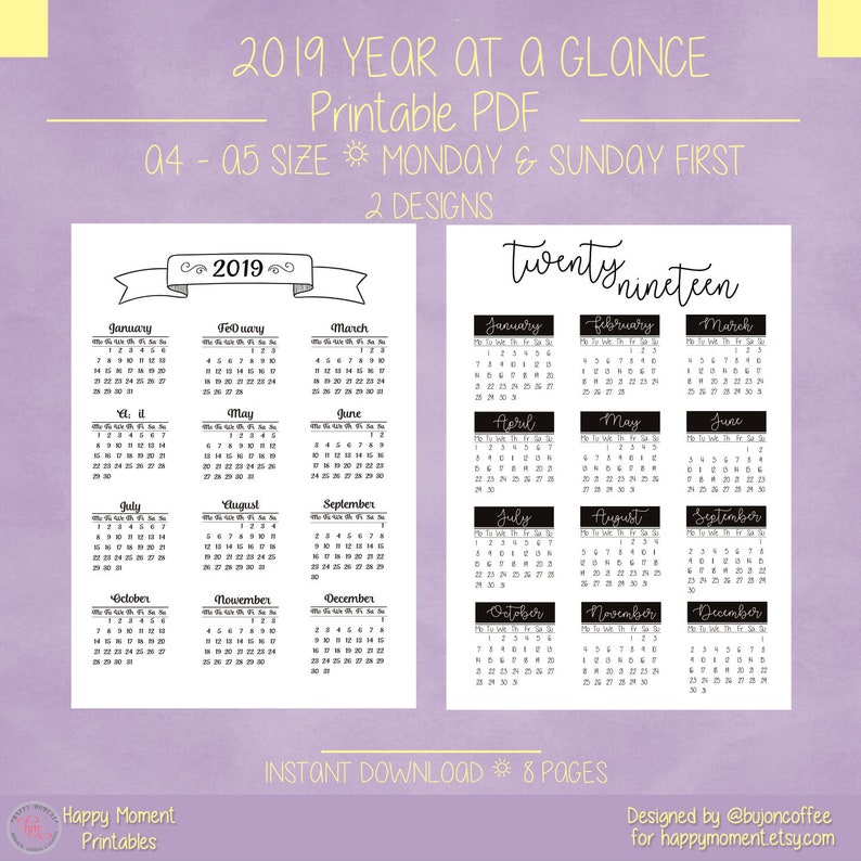 Bullet Magazine 2019 Calendar year at a Seem Calendar Printable Monday - Sunday A5 A4 Dimension 2 Models picture regarding Bullet Journal Calendar Printable named Bullet Magazine 2019 12 months at a Seem Calendar Printable Monday - Sunday A5 A4 Dimensions 2 Patterns