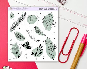 Leaves & branches stickers | Sketch style on green subtle colour