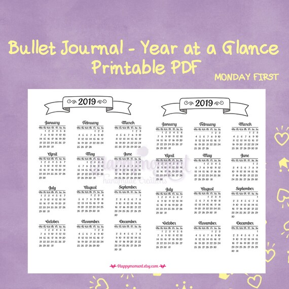 bullet journaling 2019 year at a glance calendar printable etsy year at a glance