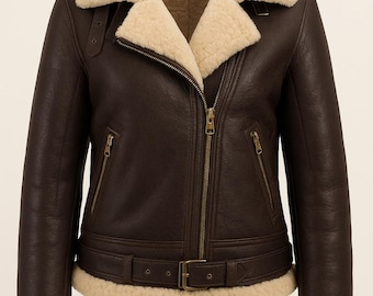 Women’s Brown Sheepskin B3 Aviator Jacket | Luxury Winter Leather Coat | Christmas Gift