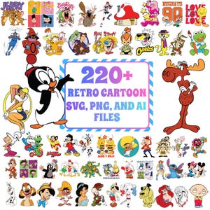 Può includere: Una collezione di oltre 220 immagini di cartoni animati retrò in formati SVG, PNG e AI. L'immagine presenta vari personaggi dei cartoni animati, tra cui Jerry, Tom e altri. L'immagine ha uno sfondo bianco e un bordo blu.