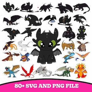 Peut inclure: Illustrations de dragons de dessins animés dans diverses poses et couleurs, dont le noir, le vert, l'orange et le bleu. L'image centrale est un dragon noir avec de grands yeux verts. Le texte en bas indique "80+ SVG AND PNG FILE."