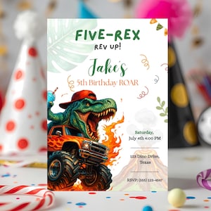 FIVE-REX rev up, Einladung zum 5. Geburtstag, bearbeitbare Canva-Vorlage, Monster Truck Dino, Party-Vorlage, digitaler Download, brüllender T-Rex, Themenkarte