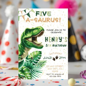 Five A-Saurus Dinosaur Birthday Invitation, Canva editable template, 5th birthday boy invite, T-Rex theme, instant download, printable